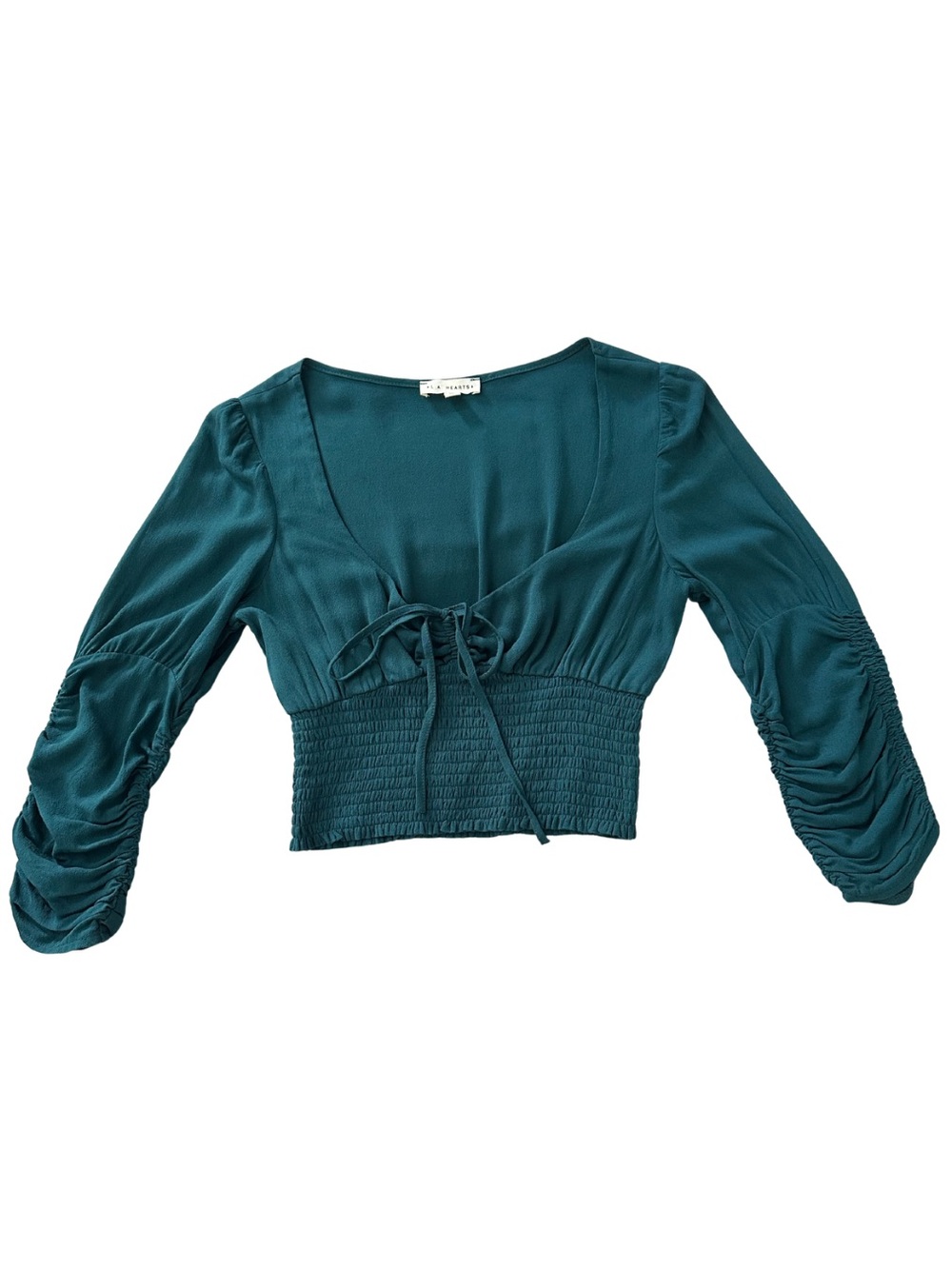 PacSun LA Hearts Teal Emerald Smocked Tie Front Crop Top Ruched Cottagecore XS